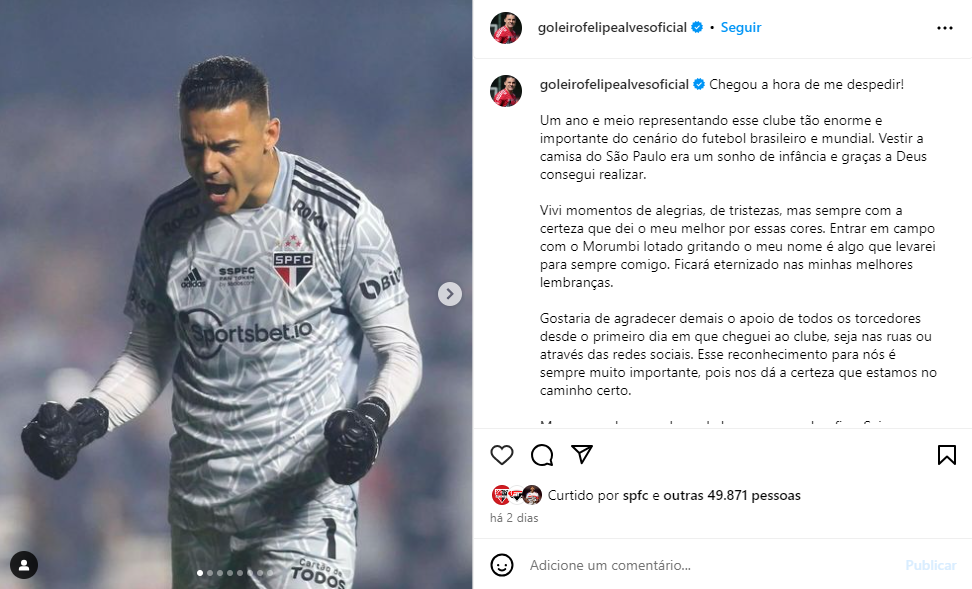 Goleiro se despede do São Paulo nas redes sociais